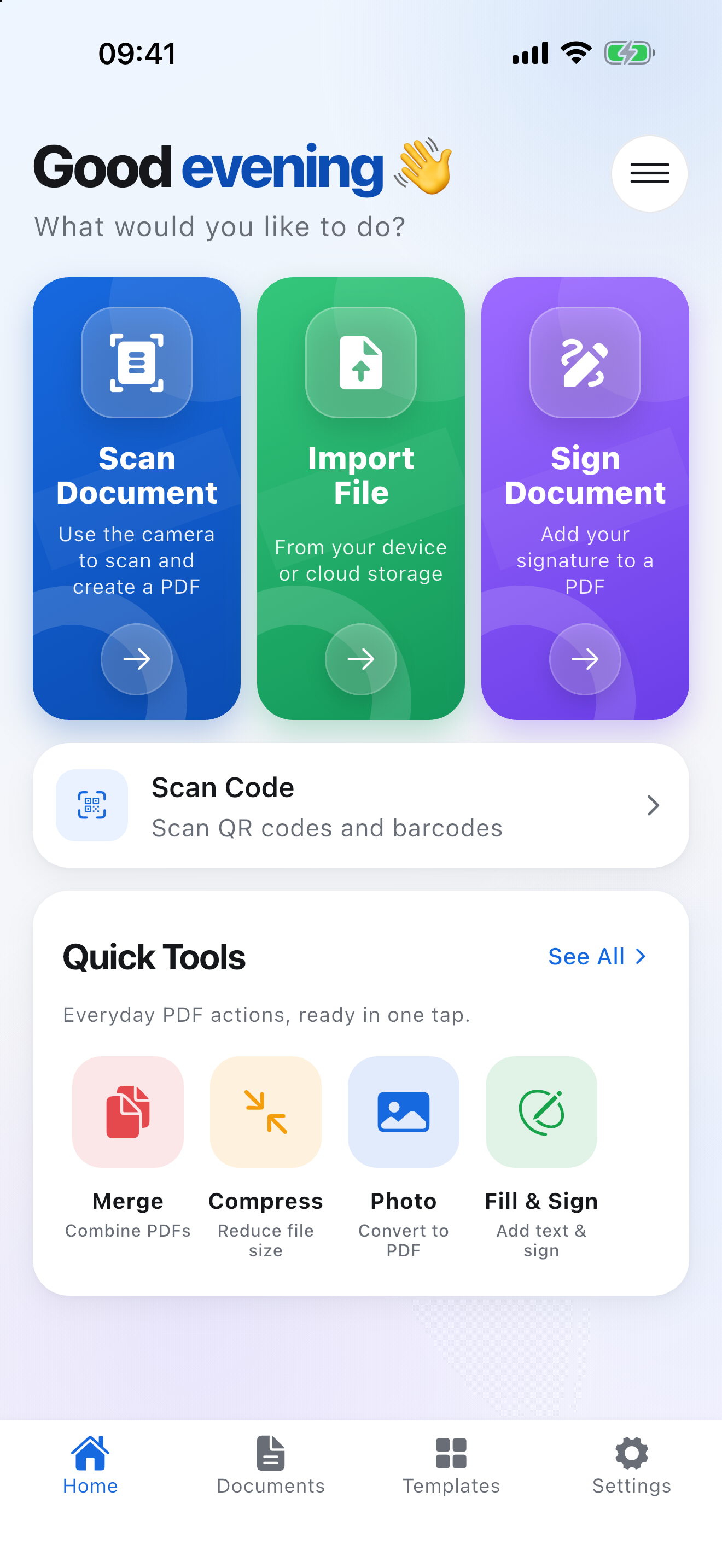 The Scanature home screen, with Scan Document, Import File and Sign Document.