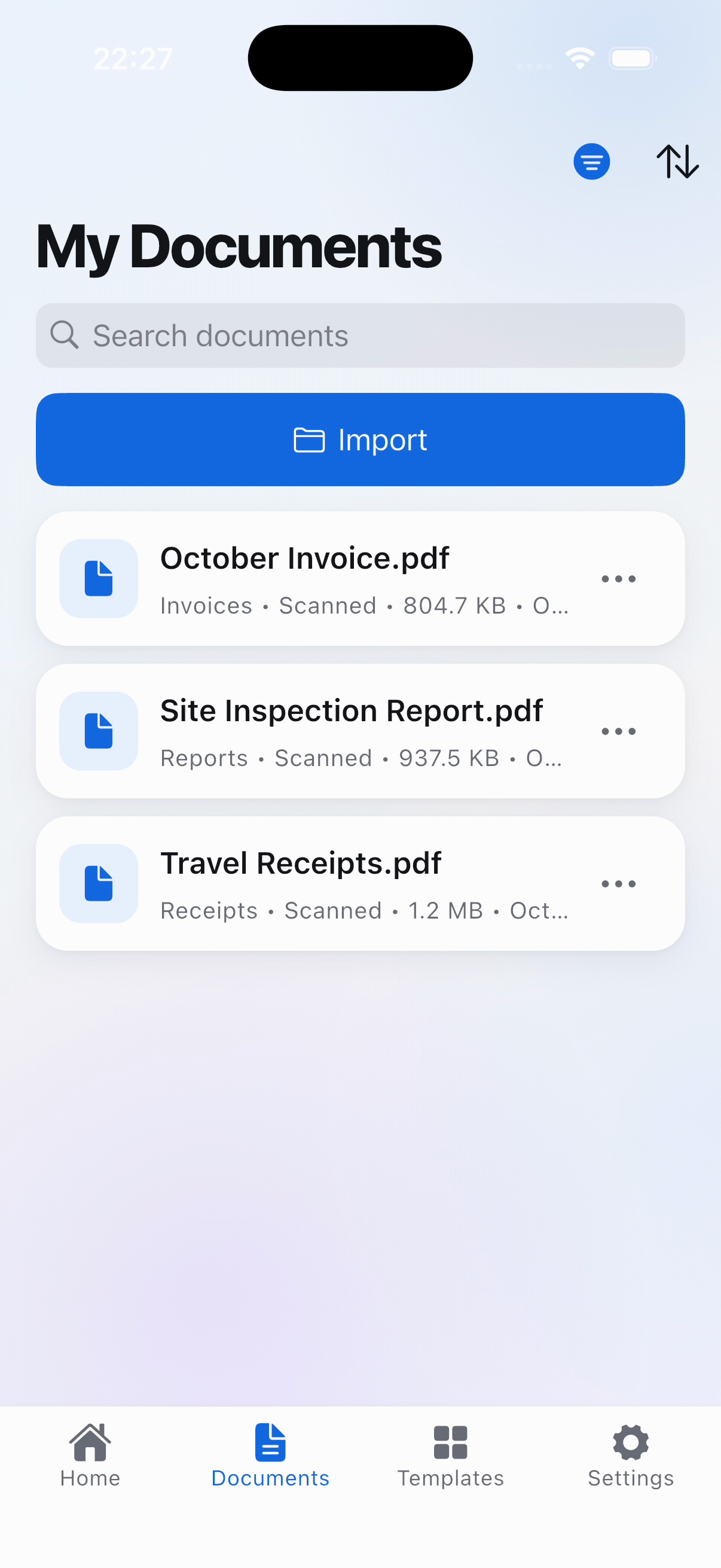 My Documents showing organized scanned and edited PDFs.